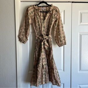 Like-new Vanessa Fox Block Print Floral Waist Tie Midi Dress